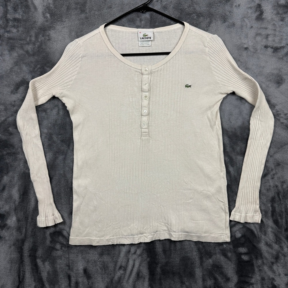Lacoste Henley Top Womens 40 Cream Ribbed Long Sleeve Crocodile Logo